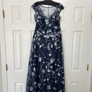 Teri Jon (Rickie Freeman) long blue/silver dress with net overlay on skirt.